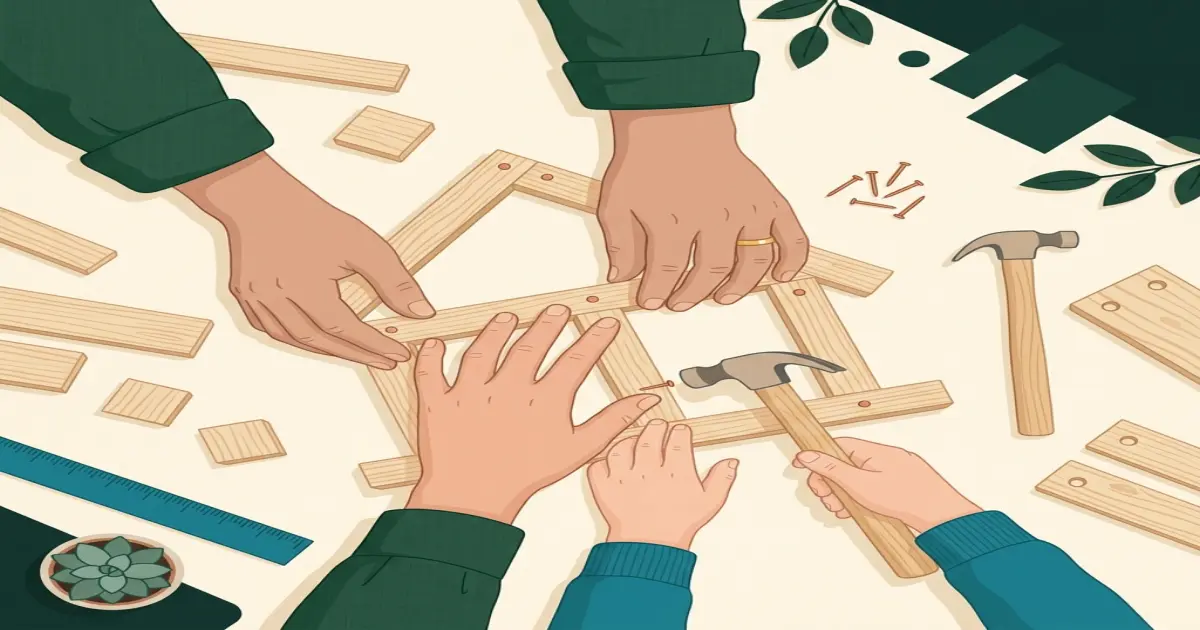 Hands of a parent and child working together to build a wooden structure, with simple tools and raw materials.