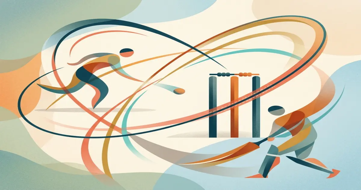 Abstract curved path trajectories, wickets, and seam lines representing movement, practice, and learning.