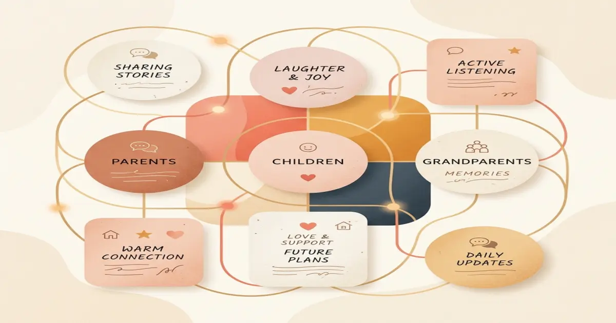 Abstract connecting lines and notes representing warm family conversations and shared understanding.