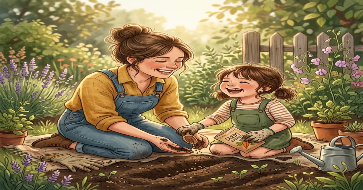 A warm illustration of a parent and child laughing together in a sunny garden, representing connection and joy.
