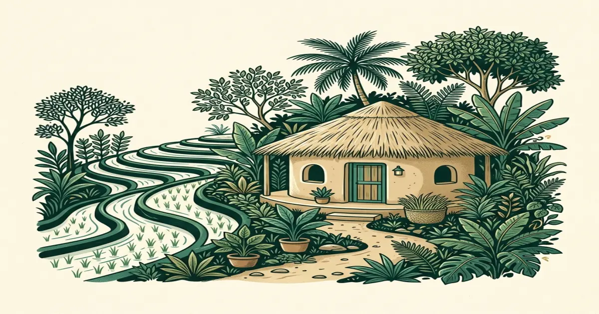 A peaceful self-built mud house surrounded by green plants, representing a simple and self-reliant life.