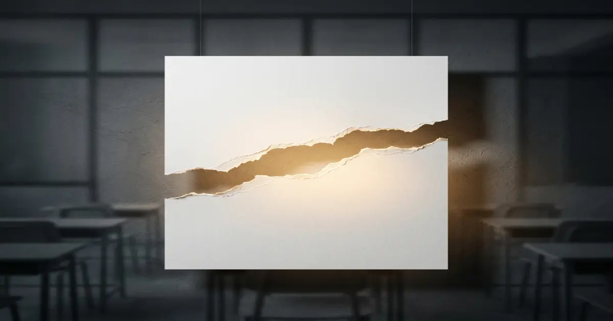 A symbolic abstract image of a torn paper sheet with light shining through the tear, representing cracks in the default system.