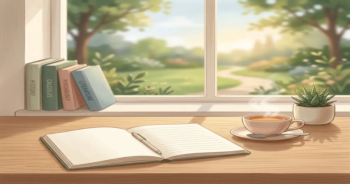 A quiet window with soft light and a simple notebook representing reflection, peace, and stepping away from the exam grind.