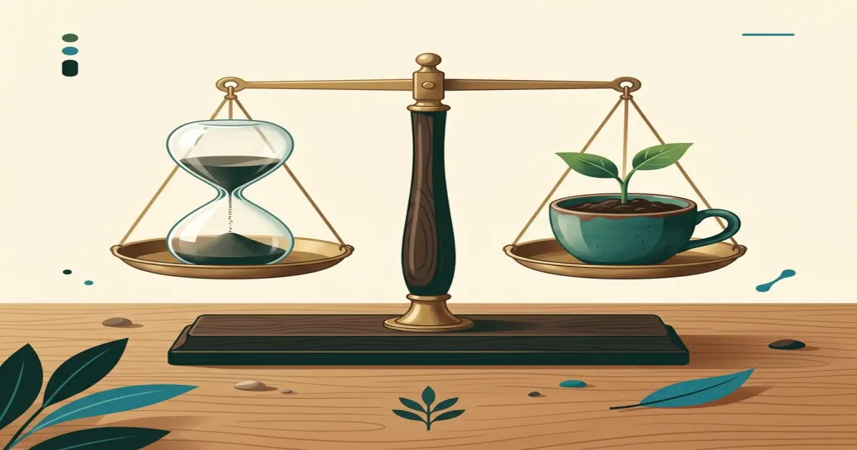 A simple, warm home interior with a balance scale showing time and life energy on one side, and a seedling growing on the other, representing the concept of enough.